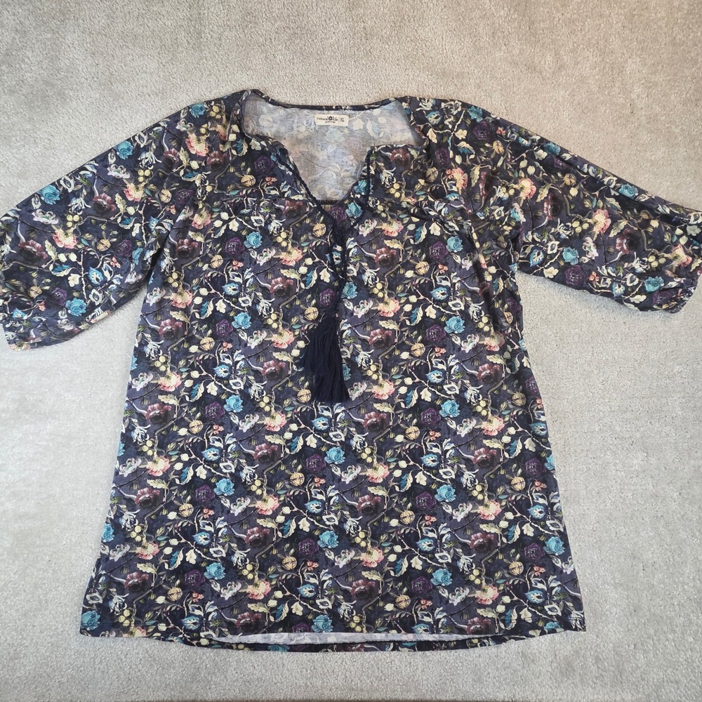 Natural Life Tunic Top Womens XL Navy Blue Floral Tassel Boho 3/4 Sleeve Rayon